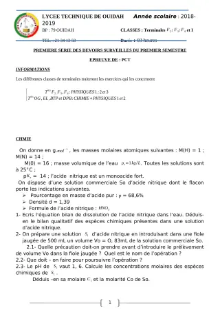 Première page de PCT Tle BTP, Tle DPB, Tle EL, Tle F2, Tle F3, Tle F4, Tle OG — 1er devoir surveillé, 1er semestre (2018-2019) · LT Ouidah