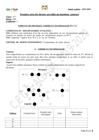 Première page de PCT 4e — 1er devoir surveillé, 2e semestre (2019-2020) · CEG 2 Allada