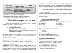 Première page de Espagnol 4e, 4e ML — Devoir surveillé, 2e semestre (2021-2022) · CEG ZONGO