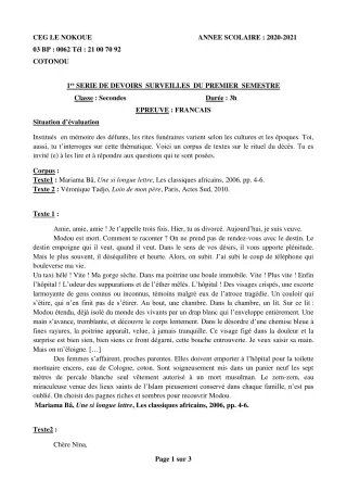 Première page de Français 2nde A1, 2nde A2, 2nde B, 2nde C, 2nde D — 1er devoir surveillé, 1er semestre (2020-2021) · CEG LE NOKOUE