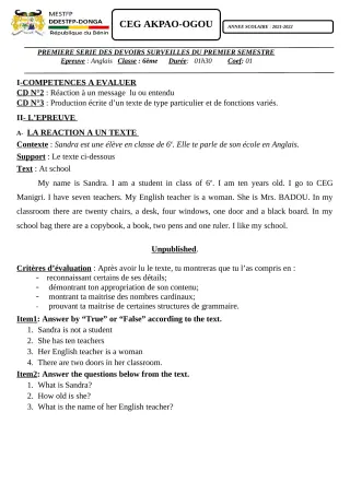 Première page de Anglais 6e — 1er devoir surveillé, 1er semestre (2021-2022) · CEG Akpao-Ogou