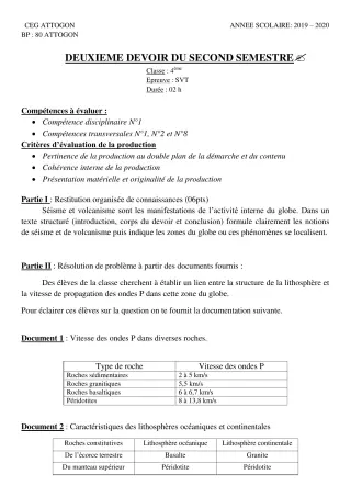 Première page de SVT 4e, 4e ML — 2e devoir surveillé, 2e semestre (2019-2020) · CEG Attogon