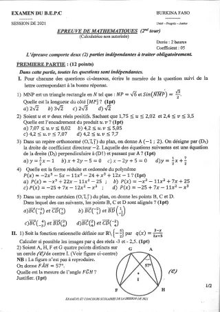 Première page de BEPC 2025 épreuve de mathématiques probable burkina fasso