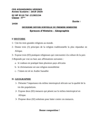 Première page de Histoire-Géographie 6e — 2e devoir surveillé, 1er semestre (2019-2020) · CEG Kouhounou-Vêdoko