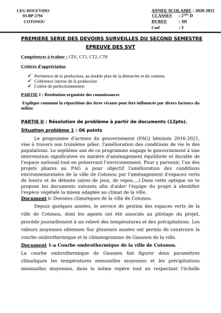 Première page de SVT 2nde D — 1er devoir surveillé, 2e semestre (2020-2021) · CEG HOUEYIHO