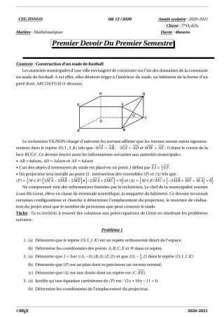 Première page de Mathématiques 1ère C, Tle D — 1er devoir surveillé, 1er semestre (2020-2021) · CEG ZONGO