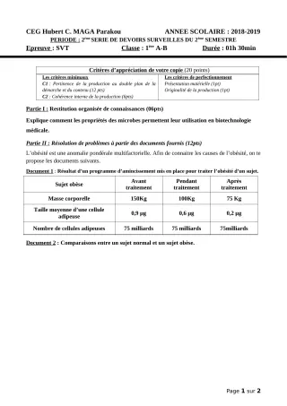 Première page de SVT 1ère A2, 1ère B — Devoir surveillé, 2e semestre (2018-2019) · CEG Hubert C. MAGA