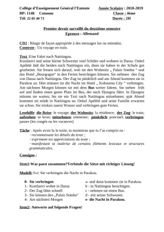 Première page de Allemand 4e ML&MC — 1er devoir surveillé, 2e semestre (2018-2019) · CEG L'Entente