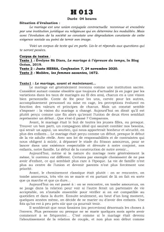 Première page de Devoir surveillé de FRANCAIS — Tle A2 — CEG Ouinhi (2022)