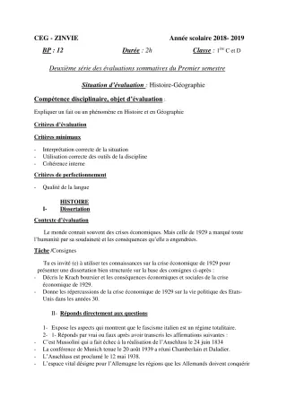 Première page de Histoire-Géographie 1ère C, 1ère D — 2e évaluation sommative, 1er semestre (2018-2019) · CEG Zinvié