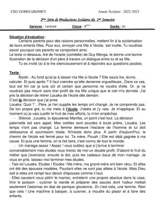 Première page de Français 4e — 2e production scolaire, 2e semestre (2022-2023) · CEG GOHO