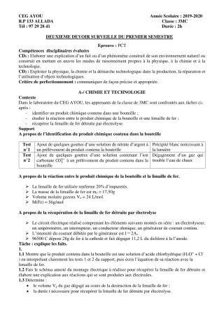 Première page de PCT 3e — 2e devoir surveillé, 1er semestre (2019-2020) · CEG AYOU