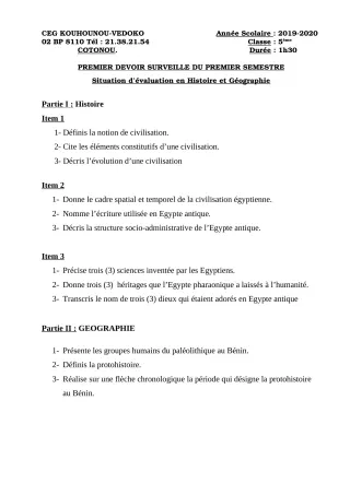 Première page de Histoire-Géographie 5e — 1er devoir surveillé, 1er semestre (2019-2020) · CEG Kouhounou-Vêdoko