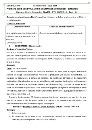 Première page de Histoire-Géographie 3e, Tle A2 — 1re évaluation sommative, 1er semestre (2023-2024) · CEG - BOUANRI
