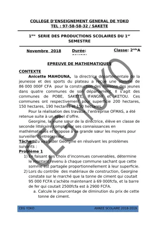 Première page de Mathématiques 2nde A — 1re production scolaire, 1er semestre (2018-2019) · CEG Yoko