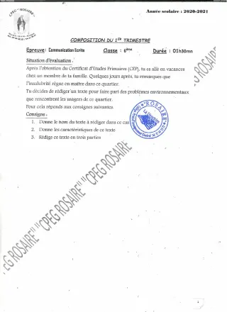 Première page de Français 6e — 1re composition, 1er trimestre (2020-2021) · CPEG ROSAIRE