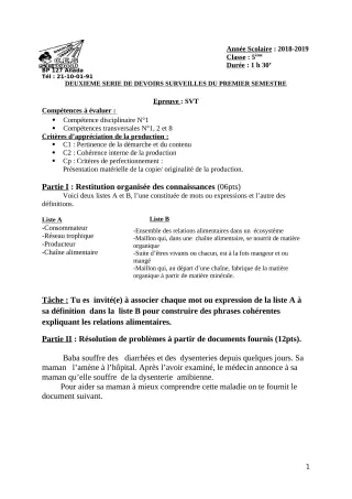 Première page de SVT 5e — 2e devoir surveillé, 1er semestre (2018-2019) · CEG Sékou