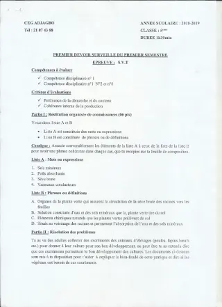 Première page de SVT 5e — 1er devoir surveillé, 1er semestre (2018-2019) · CEG ADJAGBO