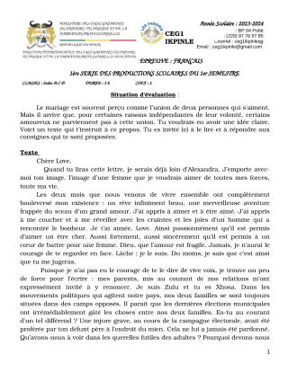 Première page de Français 2nde A, 2nde C, 2nde D — 1re production scolaire, 1er semestre (2023-2024) · CEG1 Ikpinlè