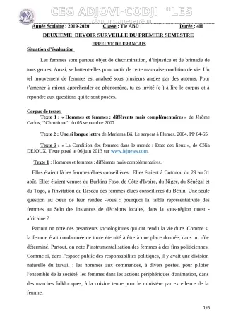 Première page de Français Tle B — 2e devoir surveillé, 1er semestre (2019-2020) · CEG ADJOVICODJI 'LES OLIVIERS'