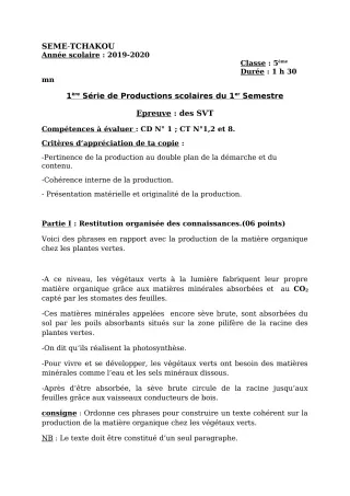 Première page de SVT 6e, 5e, 4e, 3e — 1re production scolaire, 1er semestre (2018-2019) · CEG Sème tchakou