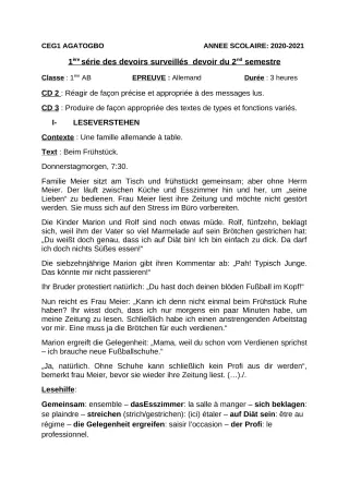 Première page de Allemand 1ère A2, 1ère B — 1er devoir surveillé, 2e semestre (2020-2021) · CEG 1 Agatogbo