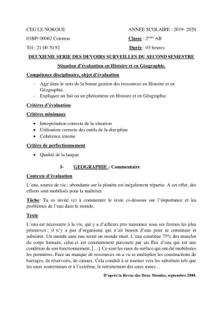 Première page de Histoire-Géographie 2nde A1 — 2e devoir surveillé, 2e semestre (2019-2020) · CEG LE NOKOUE