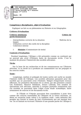Première page de Histoire-Géographie 2nde A1, 2nde A2, 2nde B — 1er devoir surveillé, 1er semestre (2019-2020) · CEG 1 Akpakpa-Centre