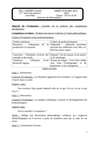 Première page de Philosophie Tle A1 — 2e devoir surveillé, 2e semestre (2021-2022) · CEG2 ABOMEY - CALAVI (CEG ZOCA)