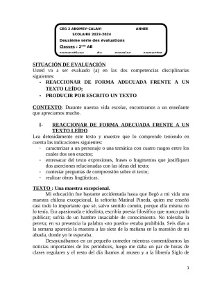 Première page de Espagnol 2nde A & B — 2e évaluation sommative, 1er semestre (2023-2024) · CEG2 ABOMEY - CALAVI (CEG ZOCA)