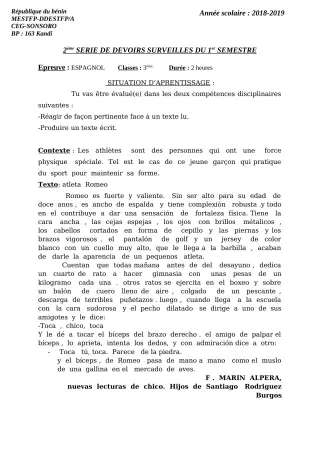 Première page de Espagnol 3e ML — 2e devoir surveillé, 1er semestre (2018-2019) · CEG SONSORO