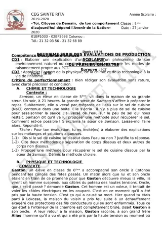 Première page de PCT 5e — Évaluation sommative, 1er semestre (2019-2020) · CEG Sainte Rita