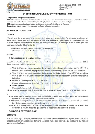 Première page de PCT 3e — 1er devoir surveillé, 2e trimestre (2019-2020) · CPEG LE PHARAON