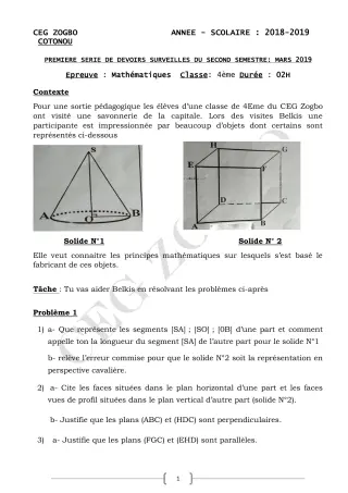 Première page de Mathématiques 4e, 4e ML — 1er devoir surveillé, 2e semestre (2018-2019) · CEG ZOGBO