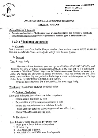 Première page de Anglais 6e — 2e devoir surveillé, 1er trimestre (2019-2020) · CPEG ROSAIRE