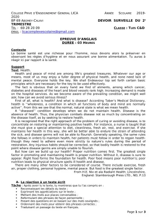 Première page de Anglais Tle D — Devoir surveillé, 1er trimestre (2019-2020) · CPEG LICA