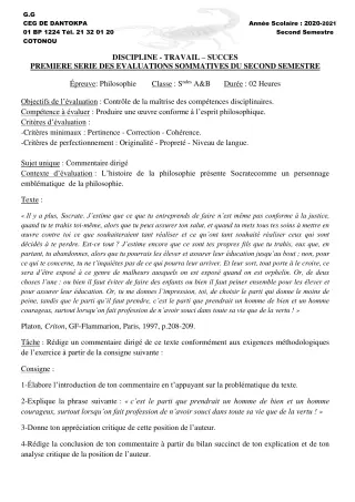 Première page de Philosophie 2nde A1, 2nde B, 2nde C, 2nde D, 1ère A2, 1ère B, 1ère C, 1ère D, Tle A2, Tle B, Tle C, Tle D — 1re évaluation sommative, 2e semestre (2020-2021) · CEG Dantokpa