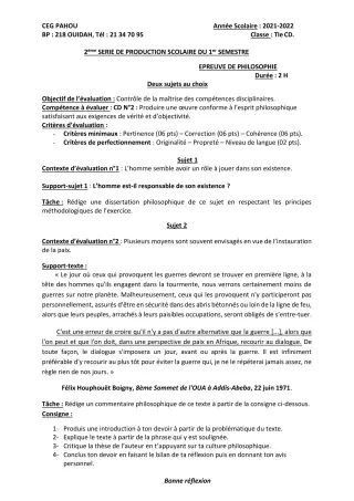 Première page de Philosophie Tle C, Tle D — 2e production scolaire, 1er semestre (2021-2022) · CEG PAHOU