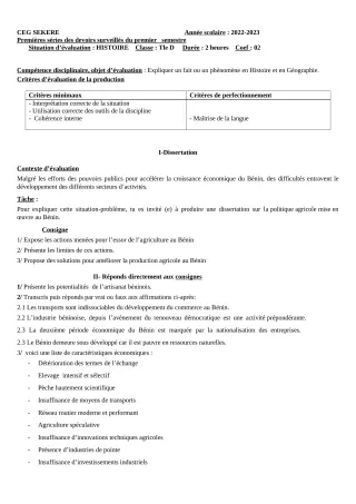 Première page de Histoire-Géographie Tle D — Devoir surveillé, 1er semestre (2022-2023) · CEG SEKERE