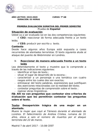 Première page de Espagnol tle b — 2019-2020 · ceg adjovicodji 'les oliviers'