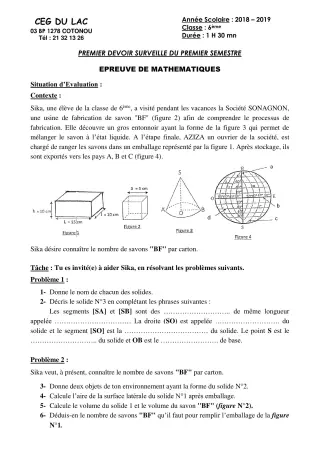 Première page de Mathématiques 6e — 1er devoir surveillé, 1er semestre (2018-2019) · CEG du Lac