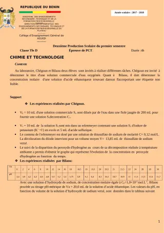 Première page de PCT Tle D — 2e production scolaire, 1er semestre (2017-2018) · CEG Aguidi