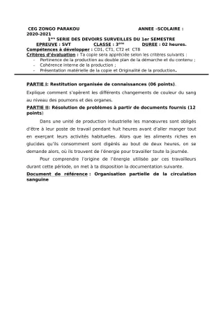 Première page de SVT 3e — 1er devoir surveillé, 1er semestre (2020-2021) · CEG ZONGO