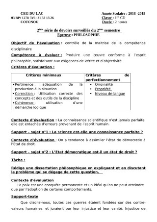 Première page de Philosophie 1ère C, 1ère D — 2e devoir surveillé, 2e semestre (2018-2019) · CEG du Lac