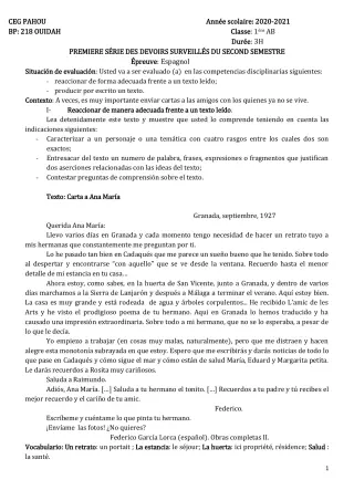 Première page de Espagnol 1ère A1, 1ère A2, 1ère B — 1er devoir surveillé, 2e semestre (2020-2021) · CEG PAHOU