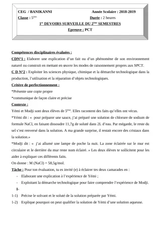 Première page de PCT 5e — 1er devoir surveillé, 2e semestre (2018-2019) · CEG Banikanni