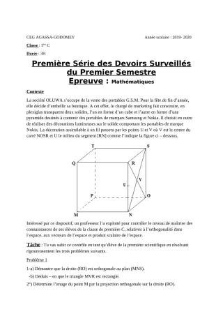 Première page de Mathématiques 1ère C — 1er devoir surveillé, 1er semestre (2019-2020) · CEG Agassa Godomey