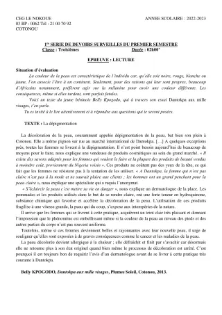Première page de Français 3e — 1er devoir surveillé, 1er semestre (2022-2023) · CEG LE NOKOUE
