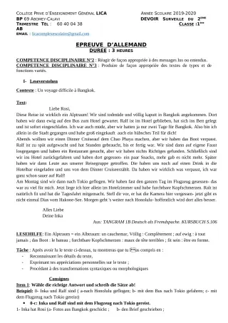 Première page de Allemand 1ère A2, 1ère B — Devoir surveillé, 1er trimestre (2019-2020) · CPEG LICA