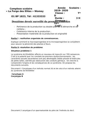 Première page de SVT Tle D — 2e devoir surveillé, 1er trimestre (2019-2020) · CPEG LA FORGE DES ELITES